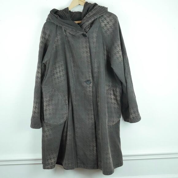 Y2K Large Jacket Reversible Corduroy Brown Houndstooth Parisian Hood Art to Wear - Picture 1 of 13